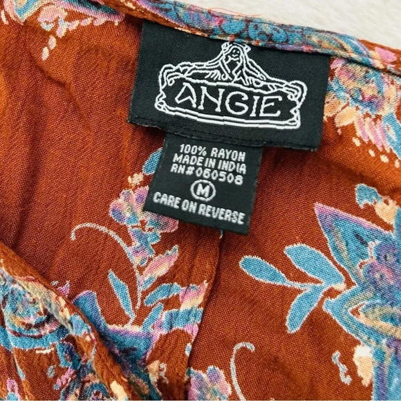 NWT Angie Women’s Brown Blue Floral Short Sleeve Boho Peasant Mini Dress Size M - Picture 7 of 9